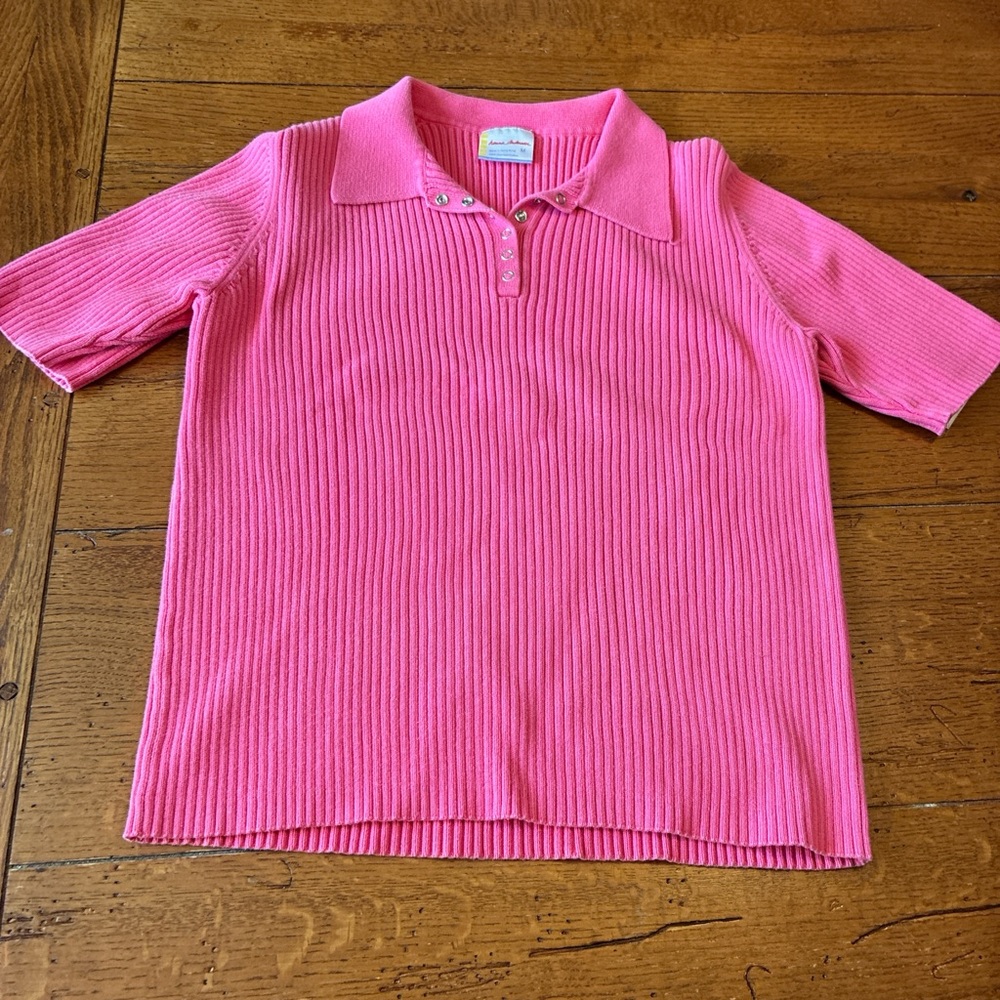 Pink Ribbed Button-Up Polo Shirt